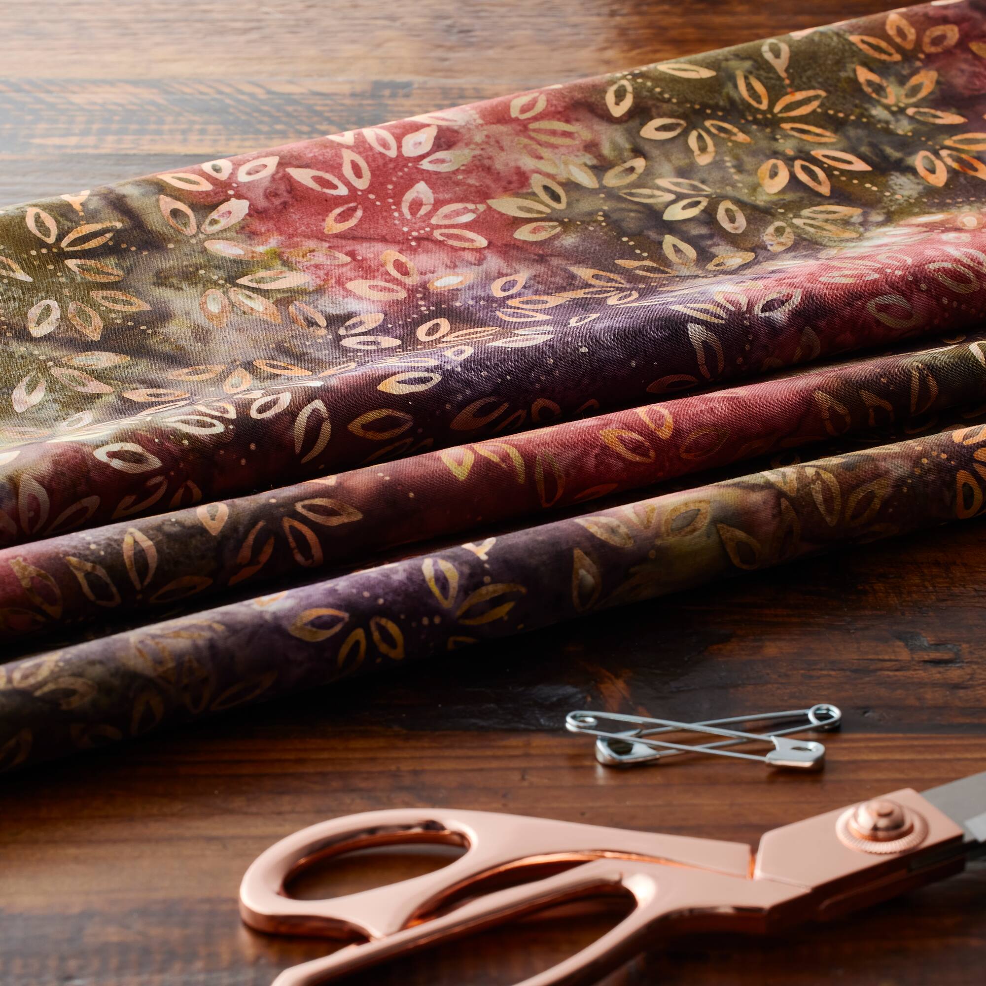 10 yd. Full Bolt: Feldman Premium Indonesian Batik Plum & Olive Leaves Cotton Fabric